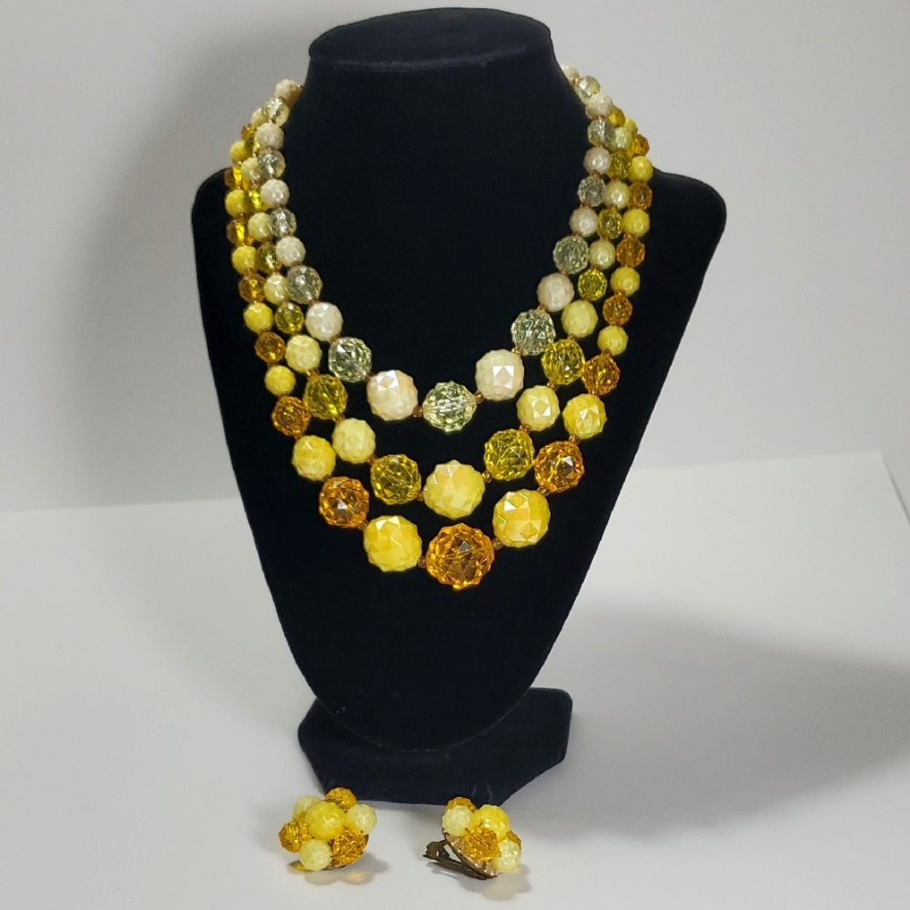 Vintage Yellow Beaded Necklace and Earrings